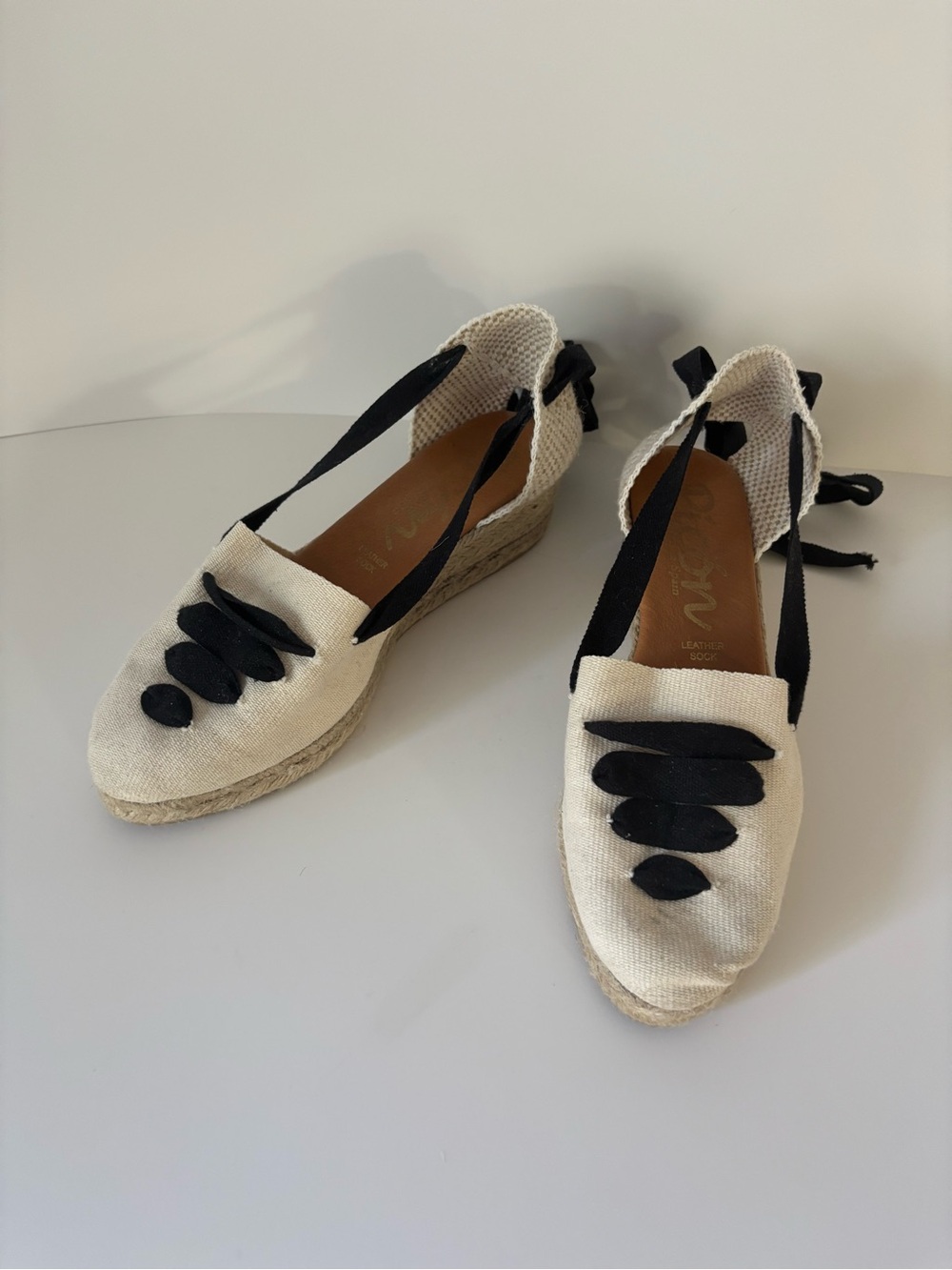 Picon Cream Espadrille Wedge Flats with Black Ribbon Detail